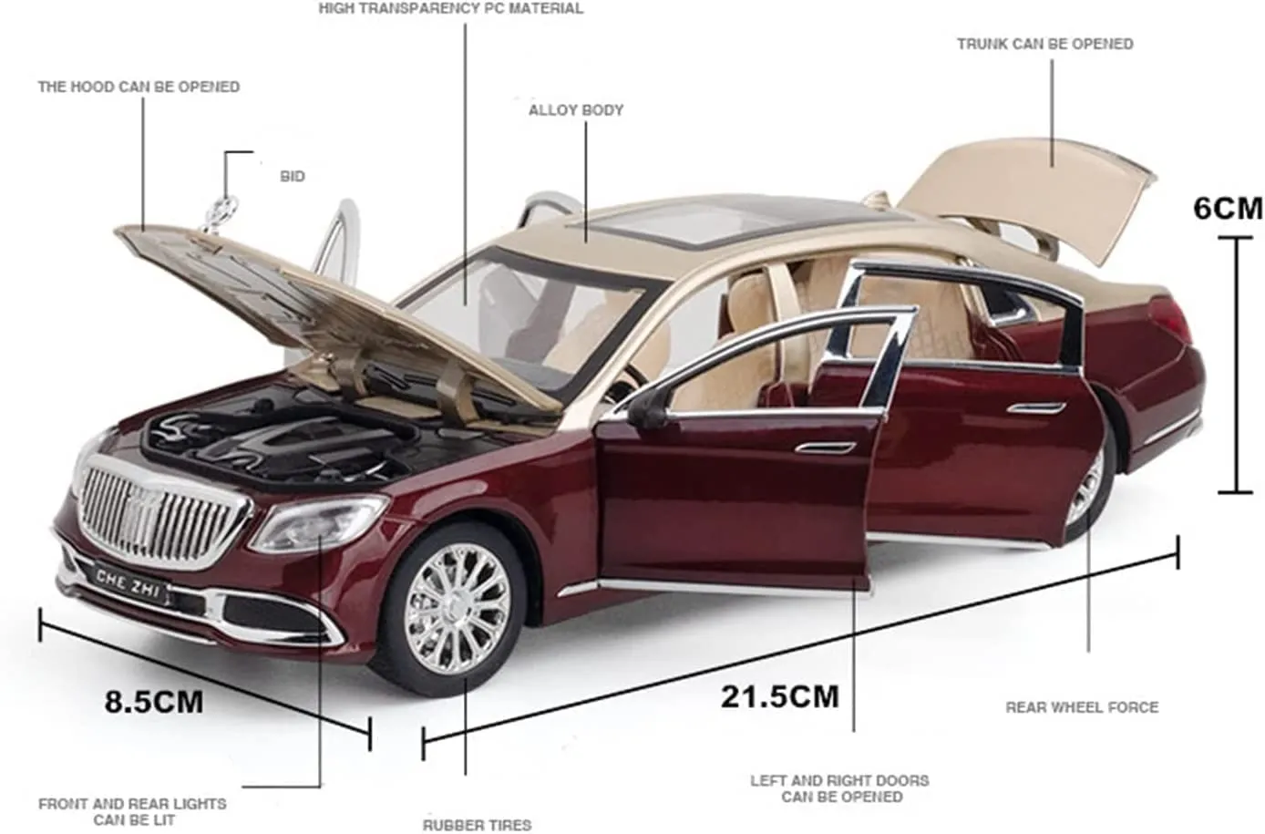 1:24 SCALE MERCEDES MAYBACH S600 TOY CAR METAL PULL BACK DIECAST CAR WITH OPENABLE DOOR AND SOUND LIGHT, GIFTS TOYS FOR KIDS【 COLOR AS PER STOCK 】