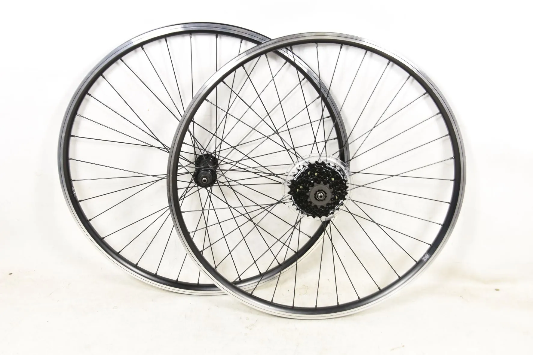 26" MTB Bike Wheels (559 X 19c) 7 Speed Shimano Cassette Hubs Black Dual Wall Rims