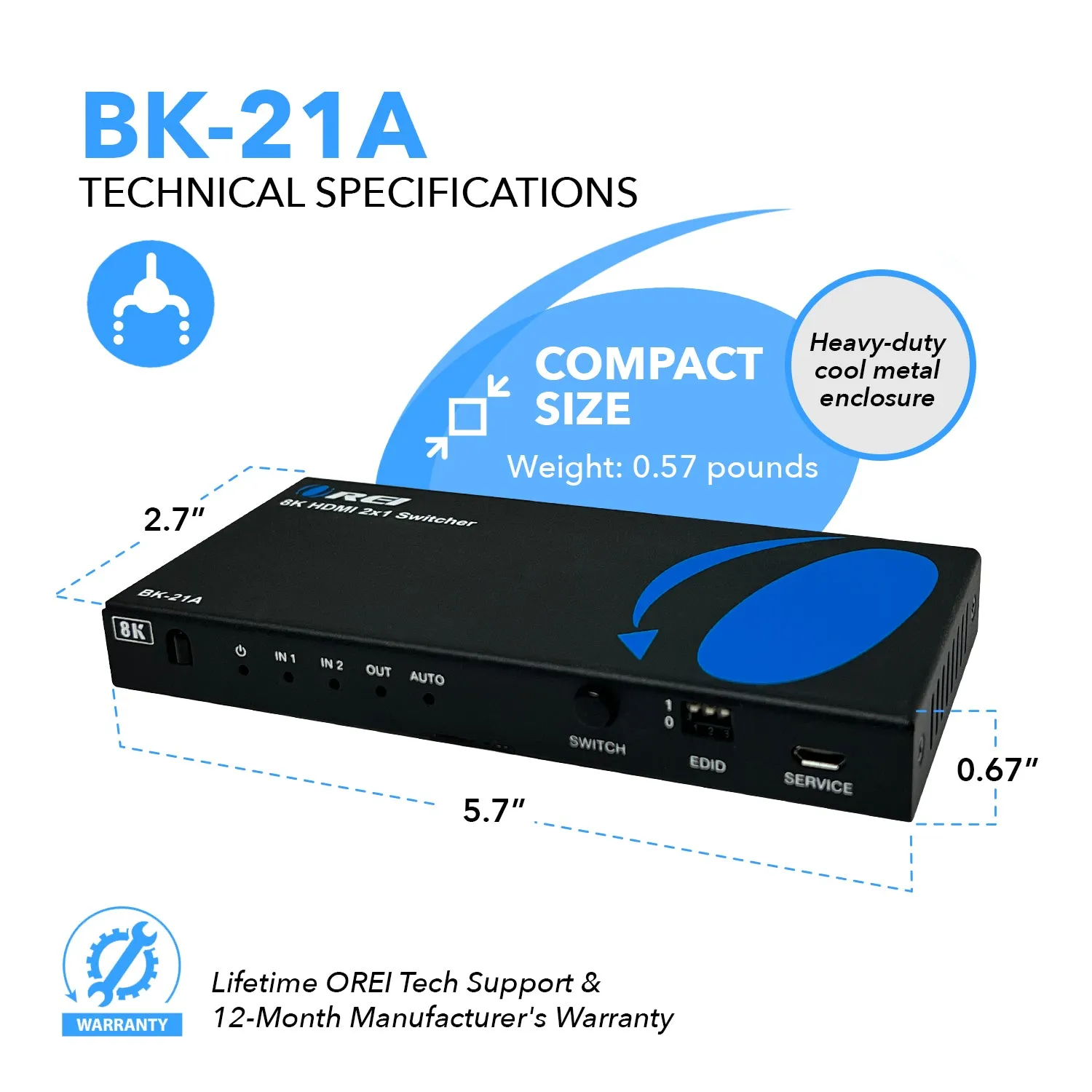 2x1 HDMI Switcher W/ Audio Out: 2-in 1-out, UltraHD 8K, EDID (BK-21A)