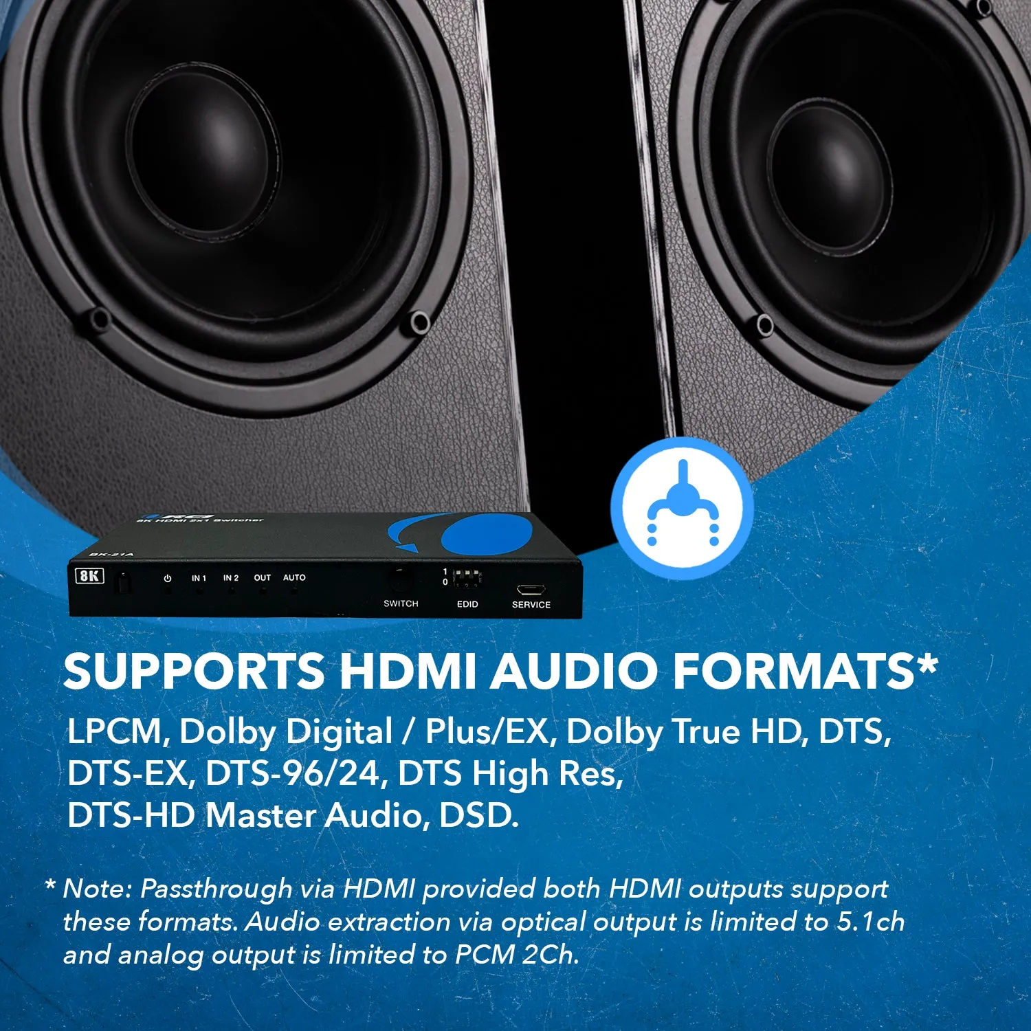 2x1 HDMI Switcher W/ Audio Out: 2-in 1-out, UltraHD 8K, EDID (BK-21A)