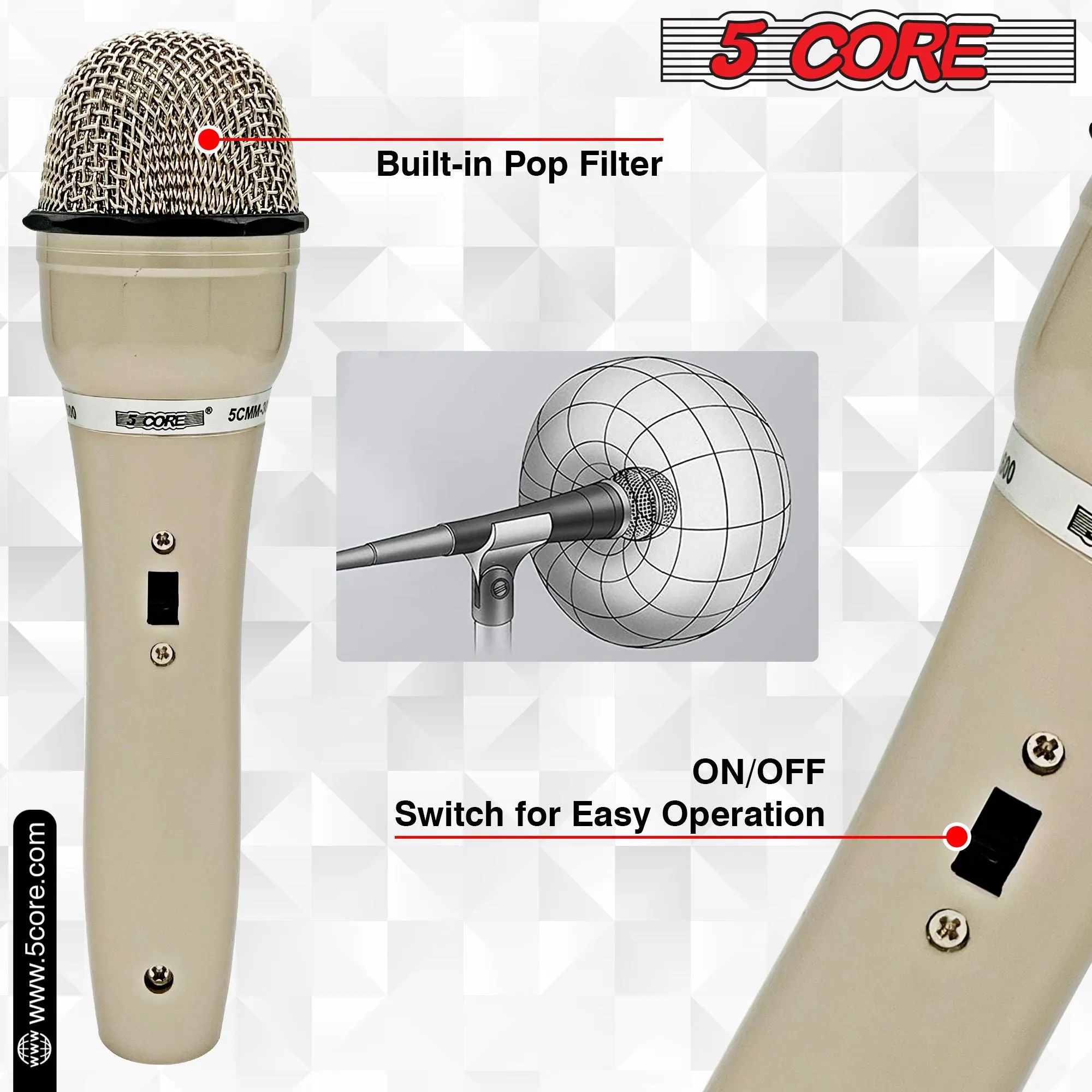 5 CORE Microphone Dynamic 2PCS Vocal Handheld Mic Cardioid Unidirectional Microfono w On Off Switch   XLR Audio Cable for Singing Karaoke Public Speaking & Parties - PM-301