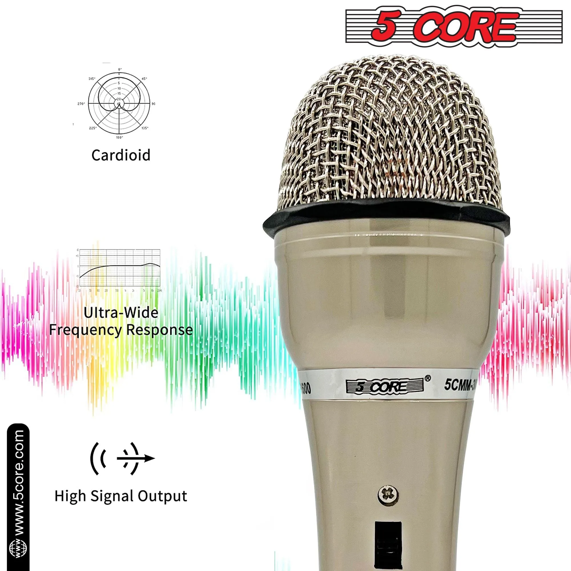 5 CORE Microphone Dynamic 2PCS Vocal Handheld Mic Cardioid Unidirectional Microfono w On Off Switch   XLR Audio Cable for Singing Karaoke Public Speaking & Parties - PM-301
