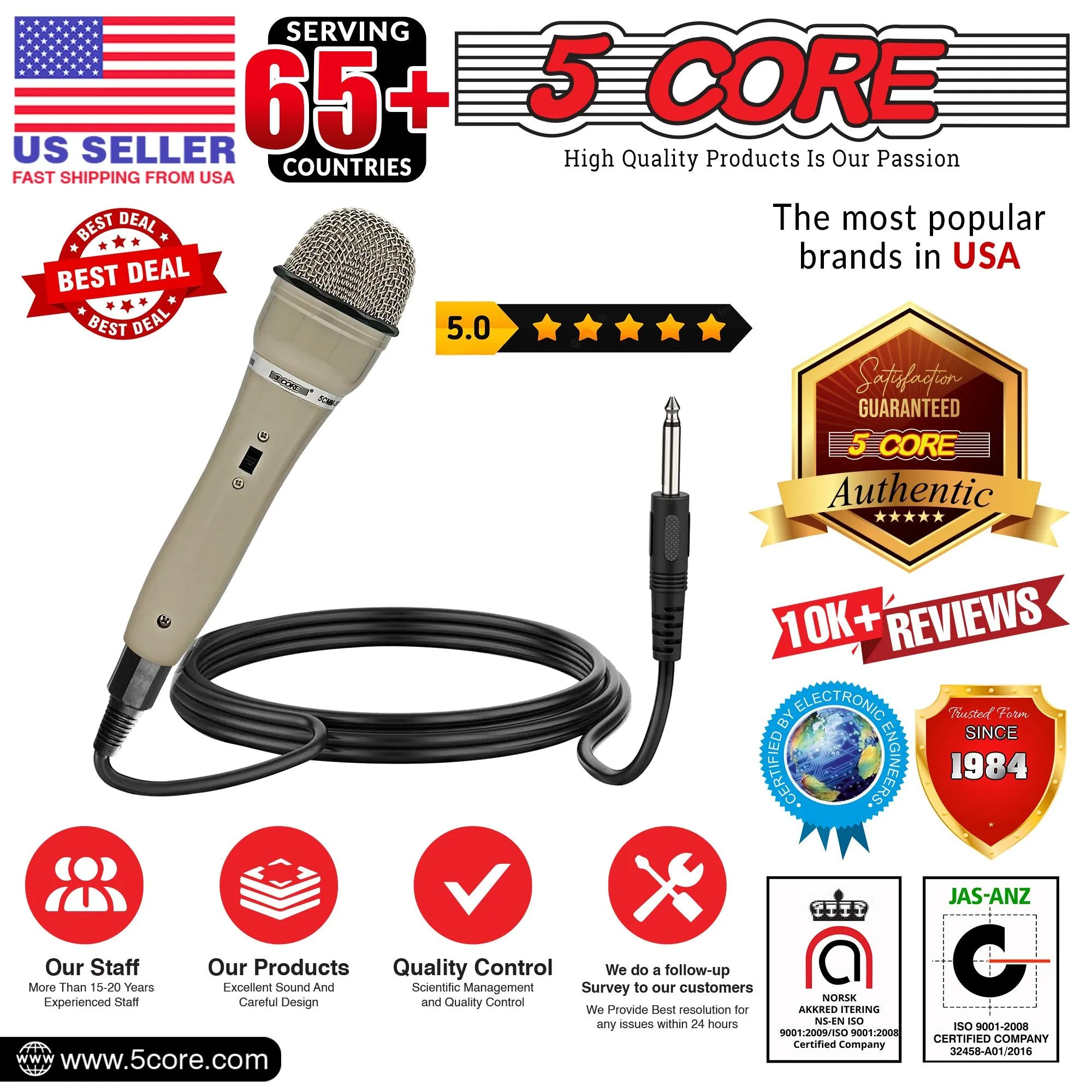 5 CORE Microphone Dynamic 2PCS Vocal Handheld Mic Cardioid Unidirectional Microfono w On Off Switch   XLR Audio Cable for Singing Karaoke Public Speaking & Parties - PM-301