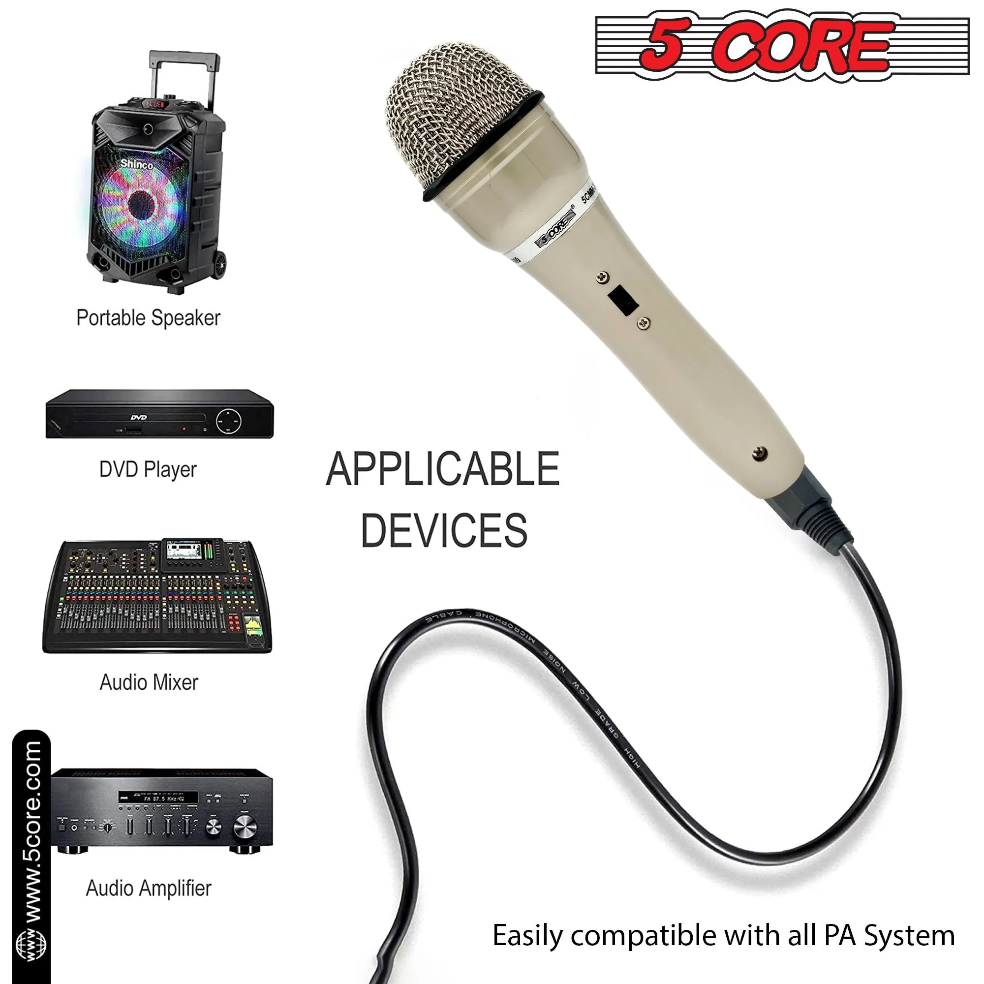 5 CORE Microphone Dynamic 2PCS Vocal Handheld Mic Cardioid Unidirectional Microfono w On Off Switch   XLR Audio Cable for Singing Karaoke Public Speaking & Parties - PM-301