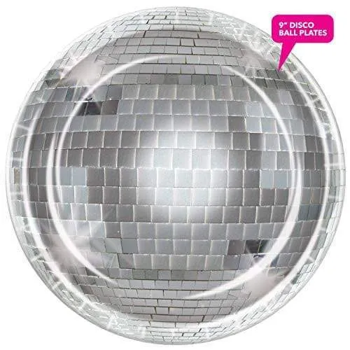 70s Disco Party Supplies - Silver Disco Ball Paper Dinner Plates with Mutli-Color Disco Lunch Napkins (Serves 16)
