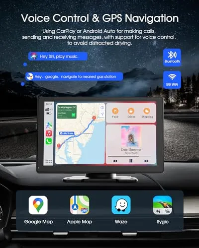 9'' Wireless Apple Carplay Screen for Car & Android Auto with 4K Dash Cam, Portable Car Stereo, 1080P Backup Camera, GPS Navigation, Car Audio Receivers Bluetooth, Mirror Link, Voice Control