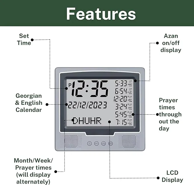 AzanClk Square Wall and Table Automatic Islamic Azan Athan Prayer Clock for USA and Canada with 8 Azan Sound and LCD Digital Display (Silver)