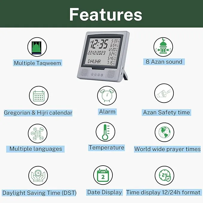AzanClk Square Wall and Table Automatic Islamic Azan Athan Prayer Clock for USA and Canada with 8 Azan Sound and LCD Digital Display (Silver)