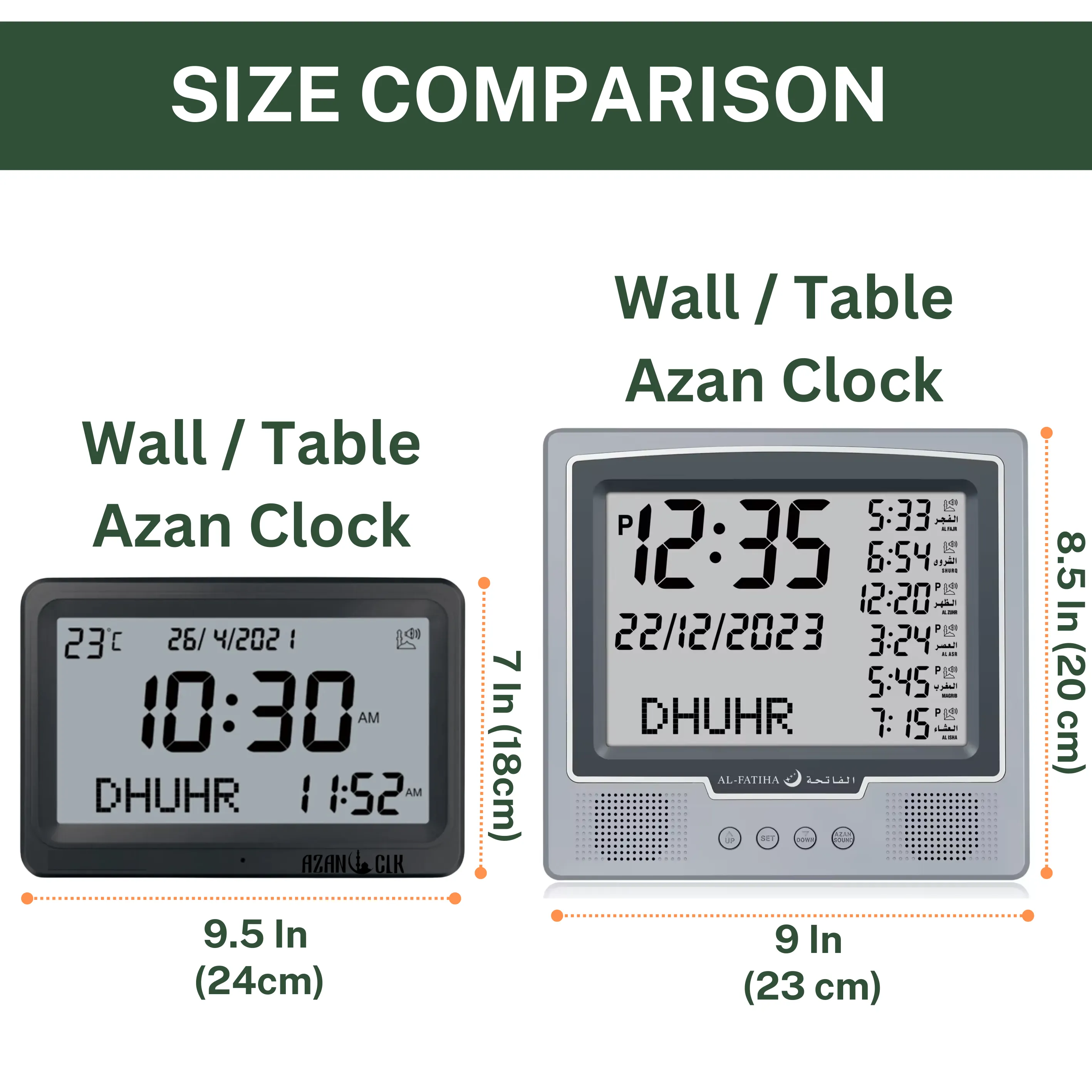 AzanClk Square Wall and Table Automatic Islamic Azan Athan Prayer Clock for USA and Canada with 8 Azan Sound and LCD Digital Display (Silver)