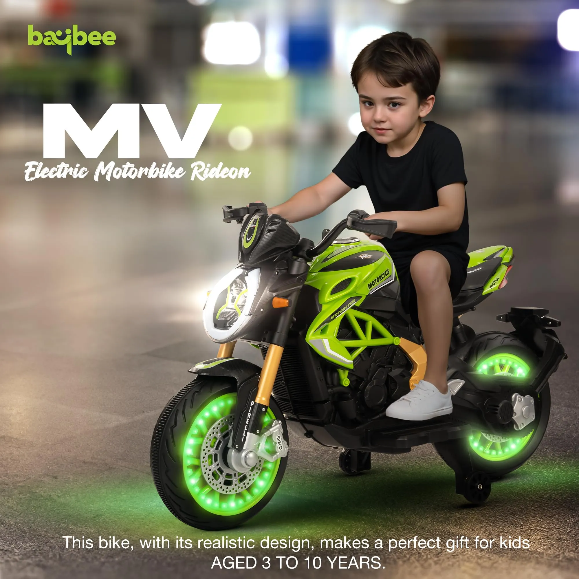 BAYBEE MTK Battery Operated Bike for Kids with Hand Accelerator, Music & Light | Electric Bike for Kids to Drive 3 to 10 Years Boy Girl