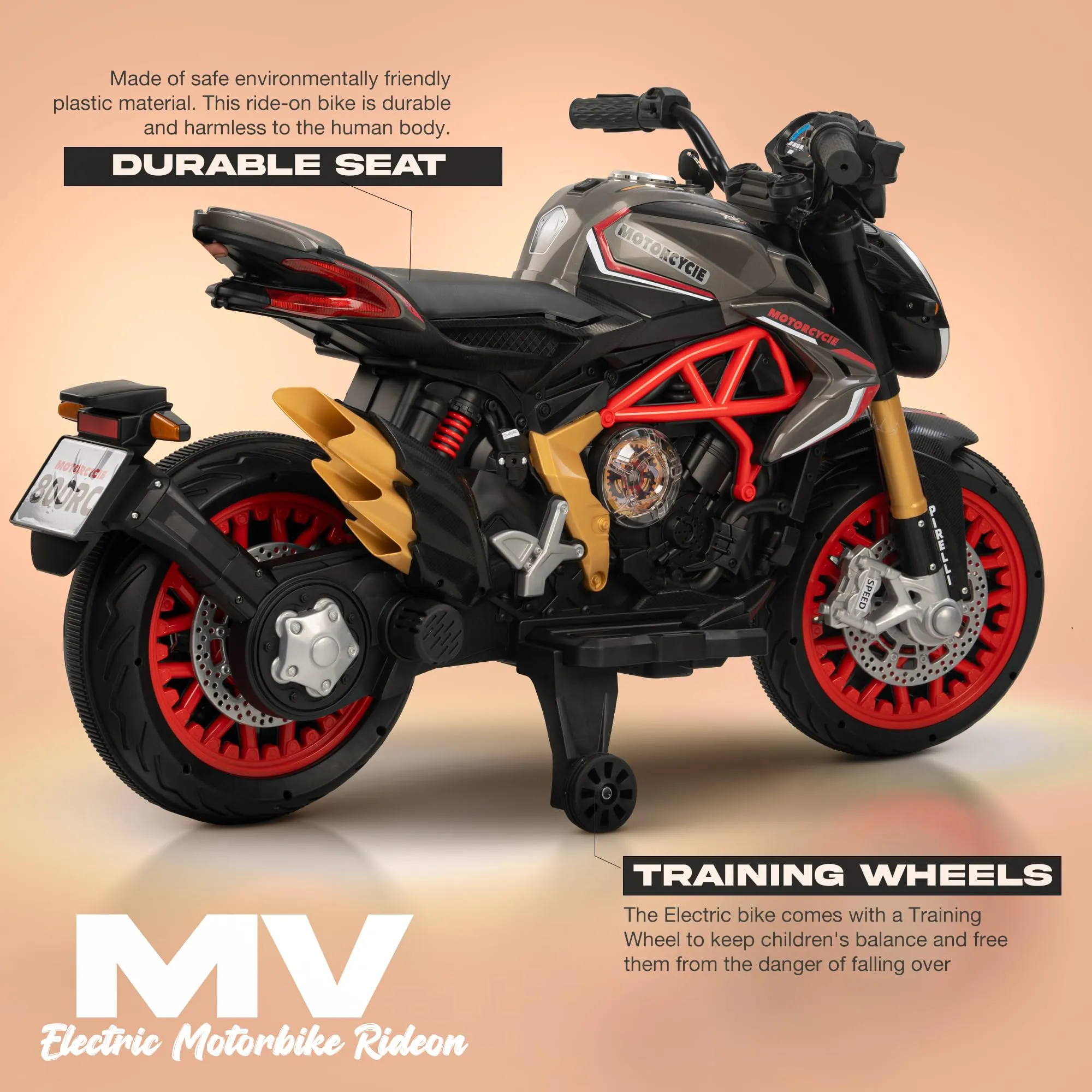 BAYBEE MTK Battery Operated Bike for Kids with Hand Accelerator, Music & Light | Electric Bike for Kids to Drive 3 to 10 Years Boy Girl