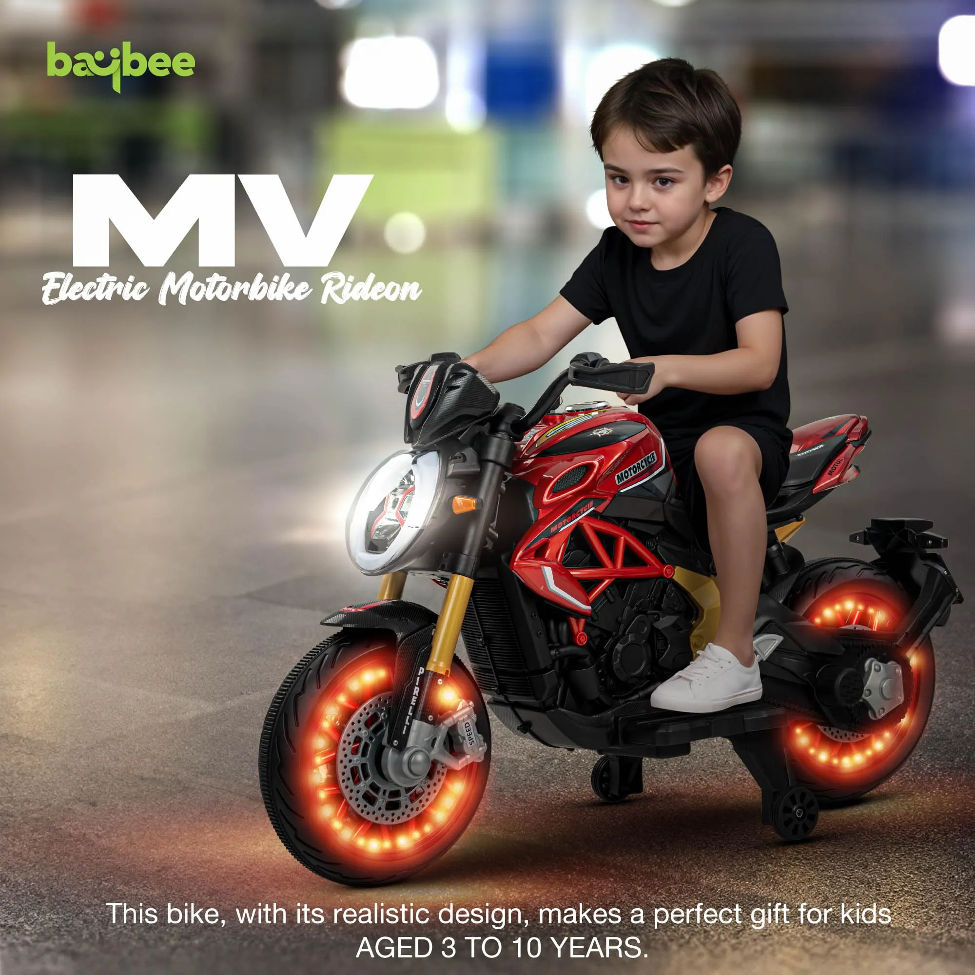 BAYBEE MTK Battery Operated Bike for Kids with Hand Accelerator, Music & Light | Electric Bike for Kids to Drive 3 to 10 Years Boy Girl