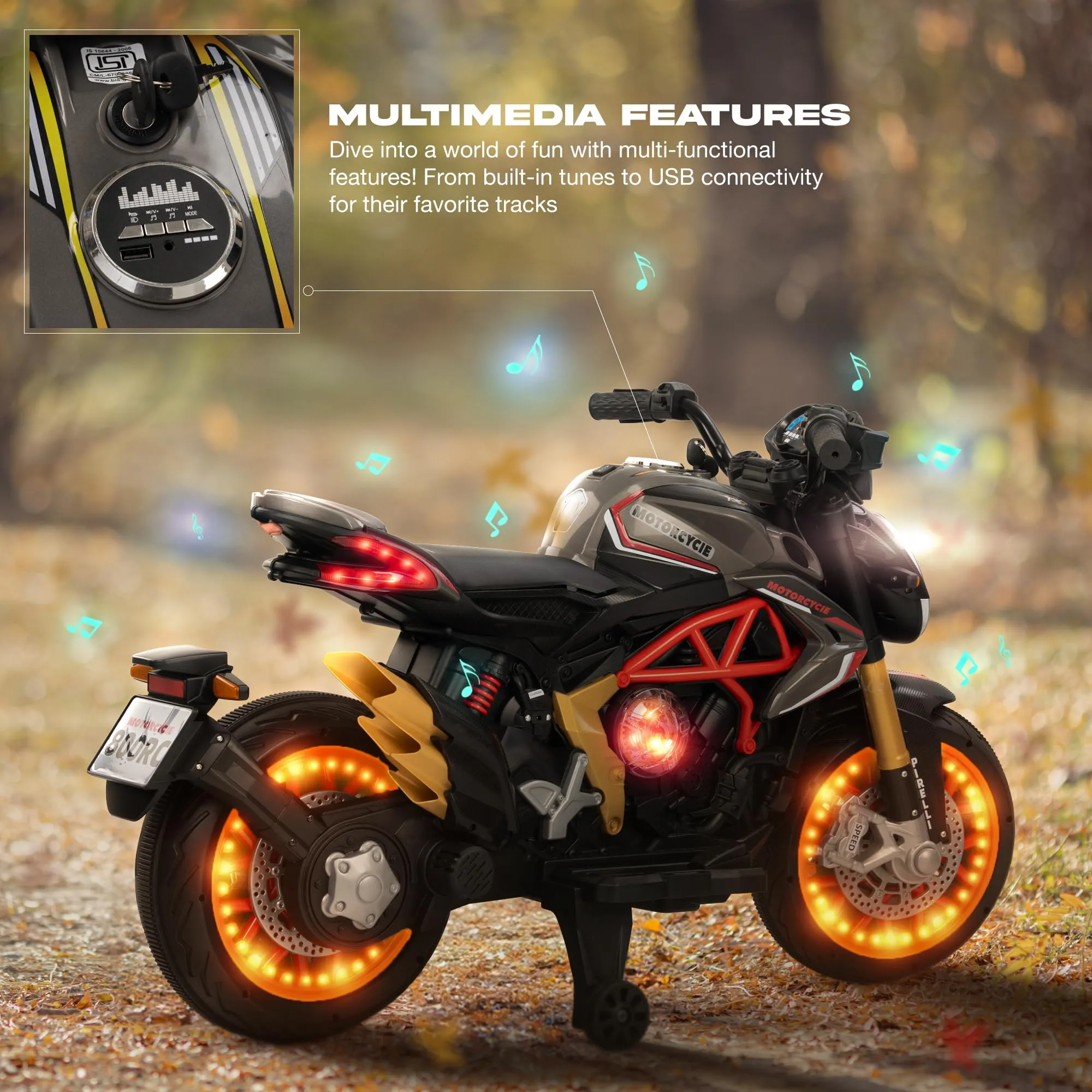 BAYBEE MTK Battery Operated Bike for Kids with Hand Accelerator, Music & Light | Electric Bike for Kids to Drive 3 to 10 Years Boy Girl