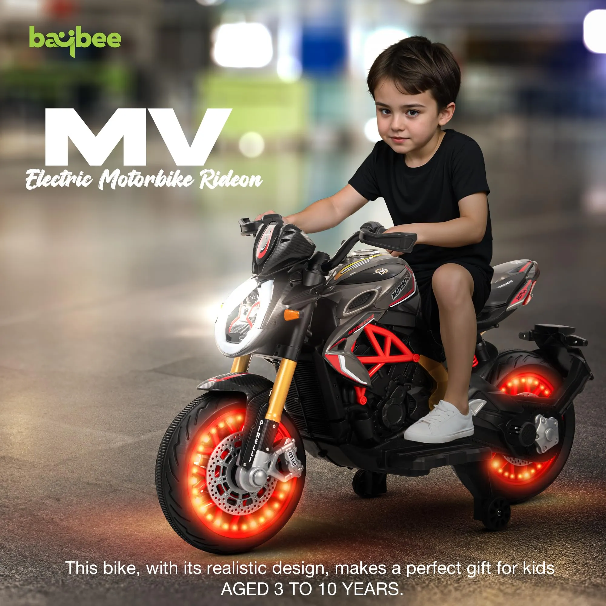BAYBEE MTK Battery Operated Bike for Kids with Hand Accelerator, Music & Light | Electric Bike for Kids to Drive 3 to 10 Years Boy Girl