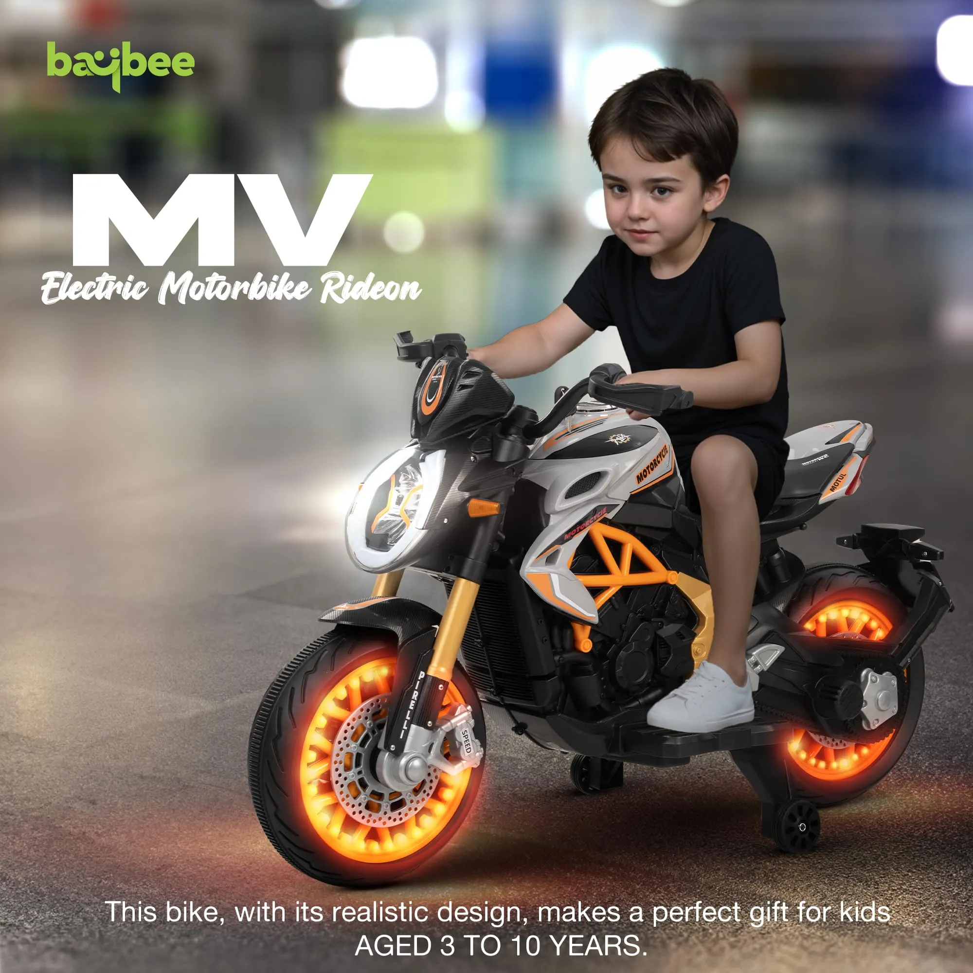 BAYBEE MTK Battery Operated Bike for Kids with Hand Accelerator, Music & Light | Electric Bike for Kids to Drive 3 to 10 Years Boy Girl