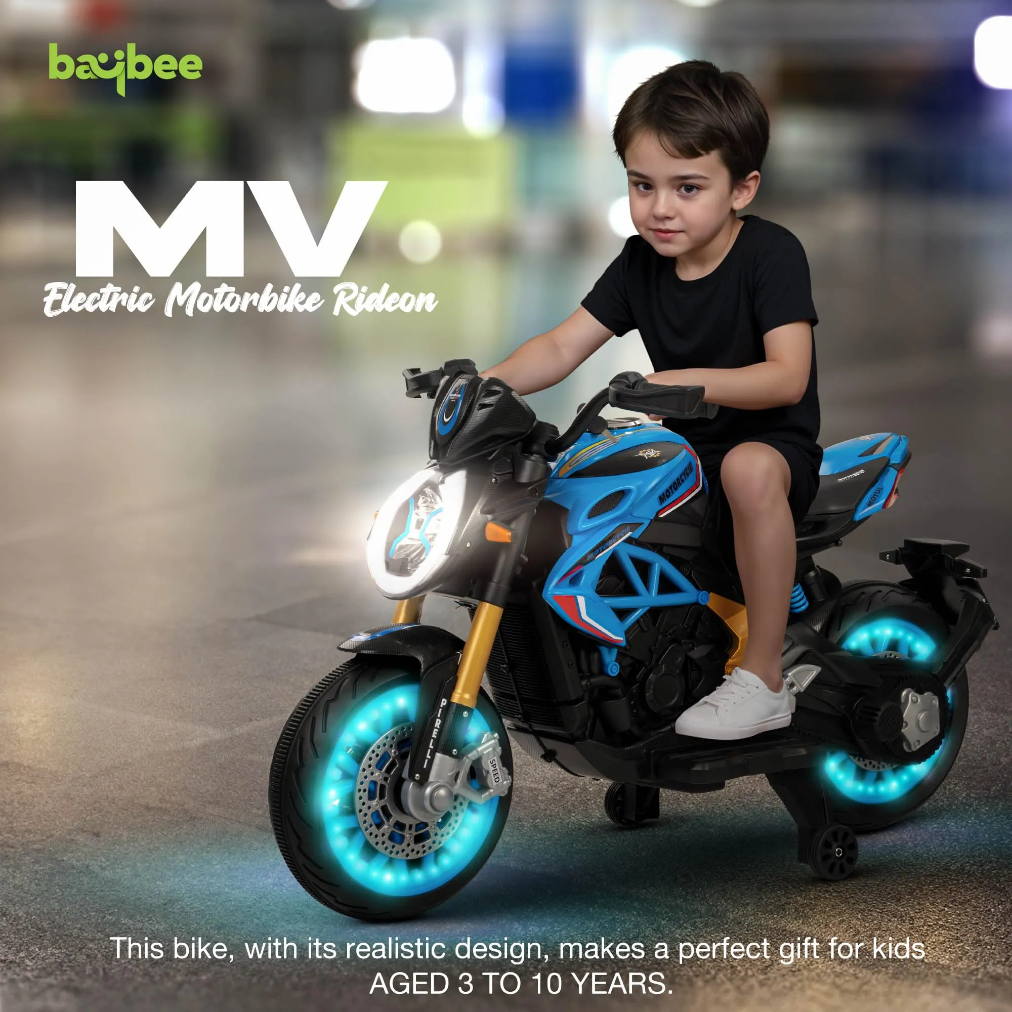 BAYBEE MTK Battery Operated Bike for Kids with Hand Accelerator, Music & Light | Electric Bike for Kids to Drive 3 to 10 Years Boy Girl