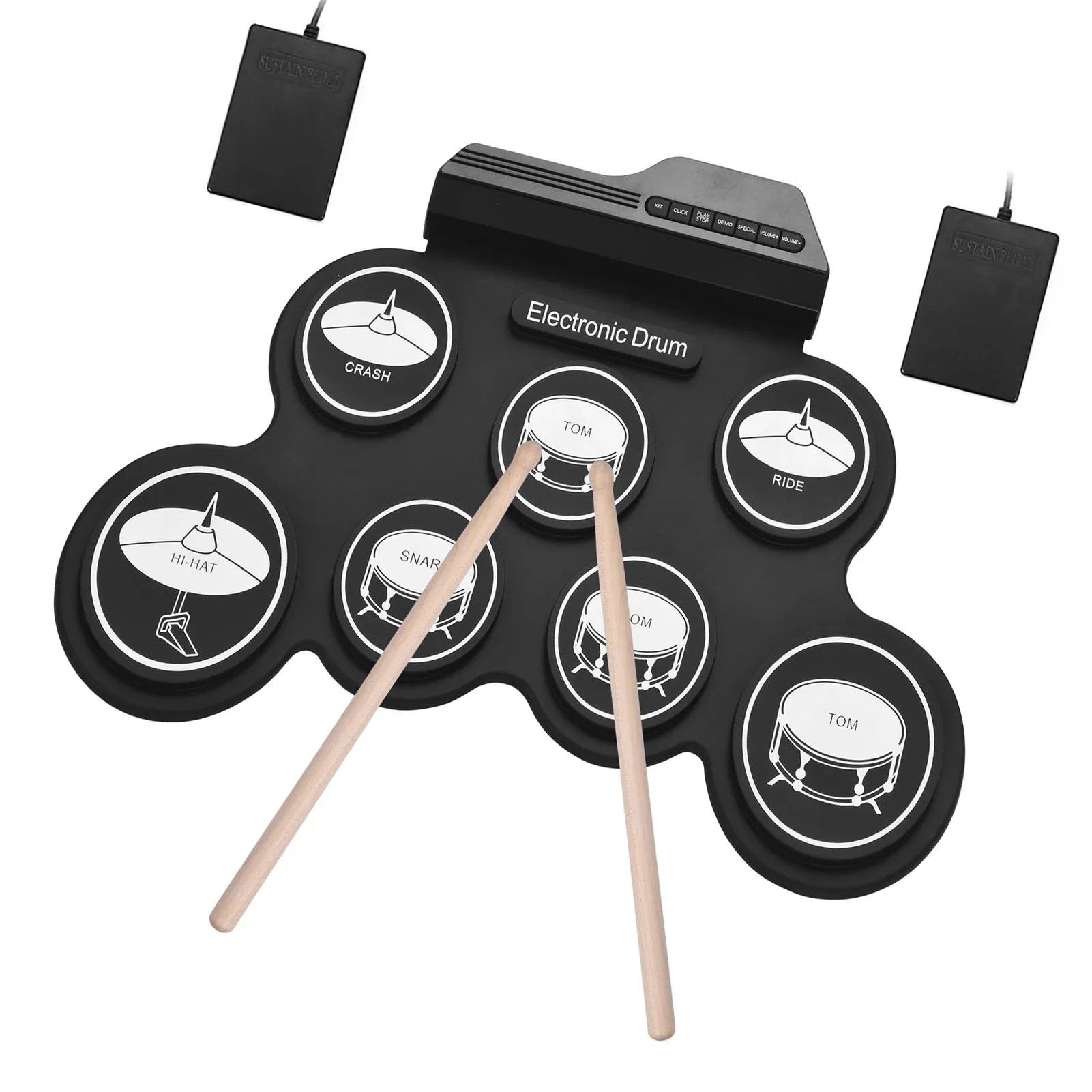 Compact Size USB Roll-Up Silicon Drum Set Digital Electronic Drum Kit 7 Drum Pads with Drumsticks Foot Pedals for Beginners Kids