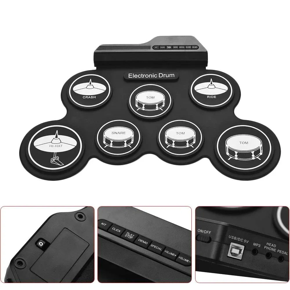 Compact Size USB Roll-Up Silicon Drum Set Digital Electronic Drum Kit 7 Drum Pads with Drumsticks Foot Pedals for Beginners Kids