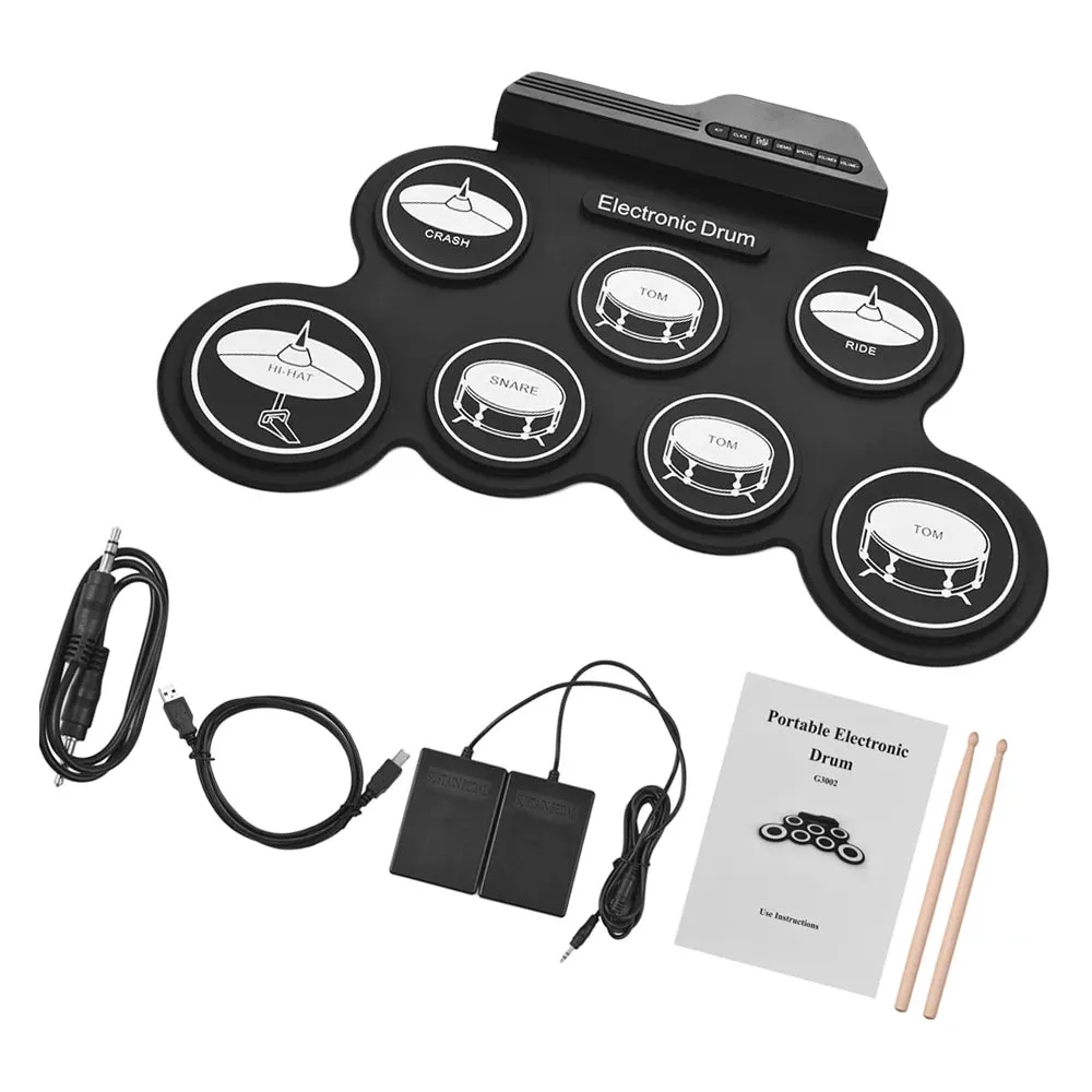Compact Size USB Roll-Up Silicon Drum Set Digital Electronic Drum Kit 7 Drum Pads with Drumsticks Foot Pedals for Beginners Kids