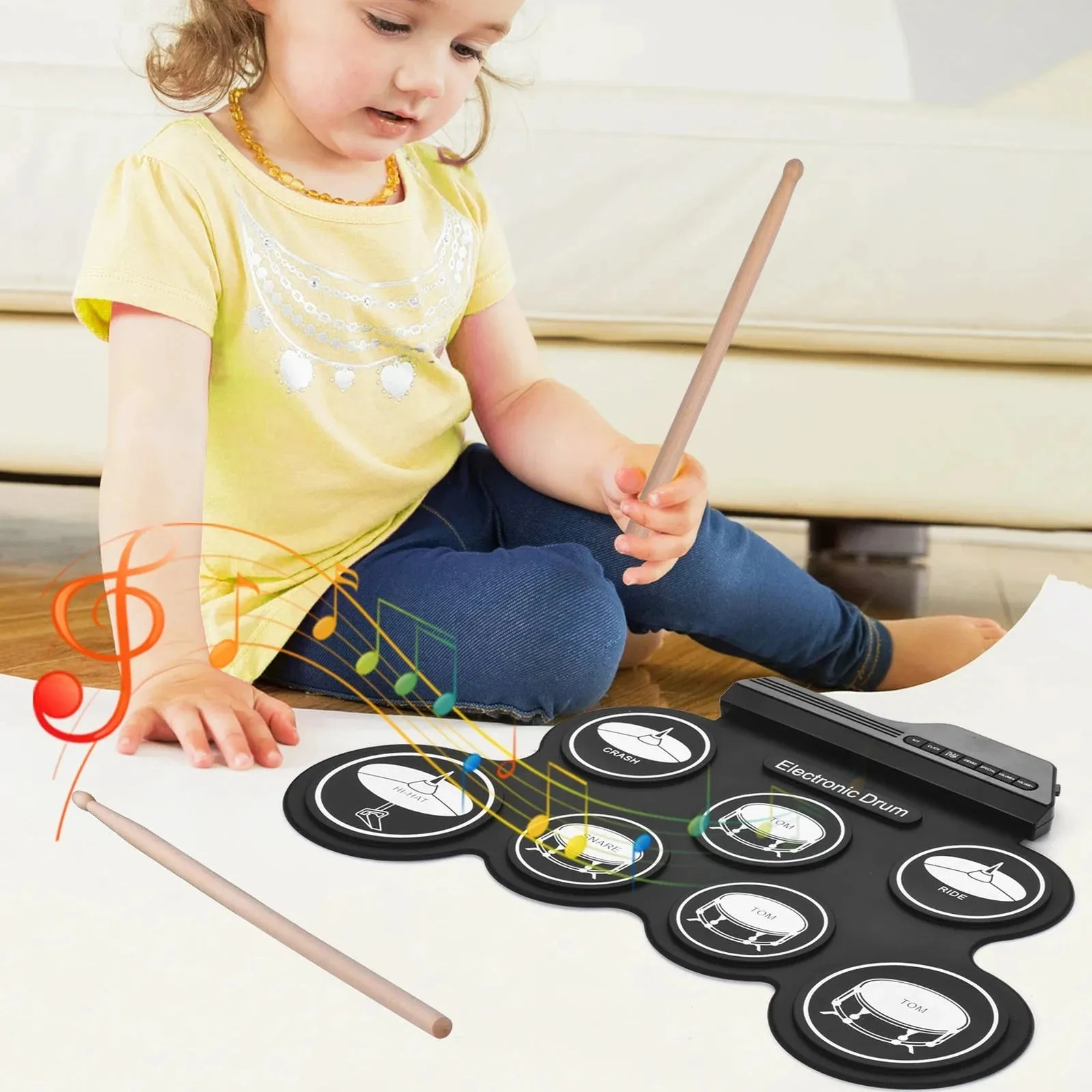 Compact Size USB Roll-Up Silicon Drum Set Digital Electronic Drum Kit 7 Drum Pads with Drumsticks Foot Pedals for Beginners Kids