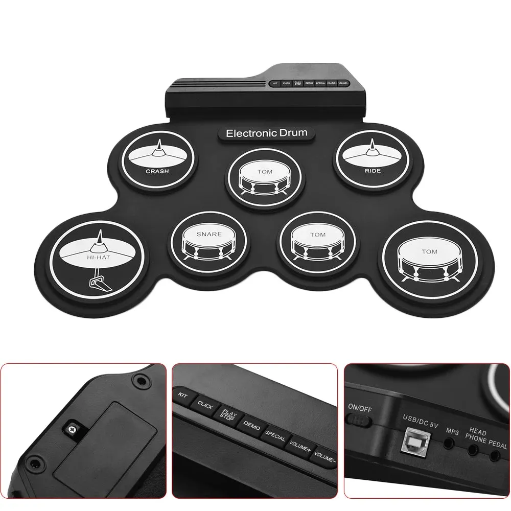 Compact Size USB Roll-Up Silicon Drum Set Digital Electronic Drum Kit 7 Drum Pads with Drumsticks Foot Pedals for Beginners Kids
