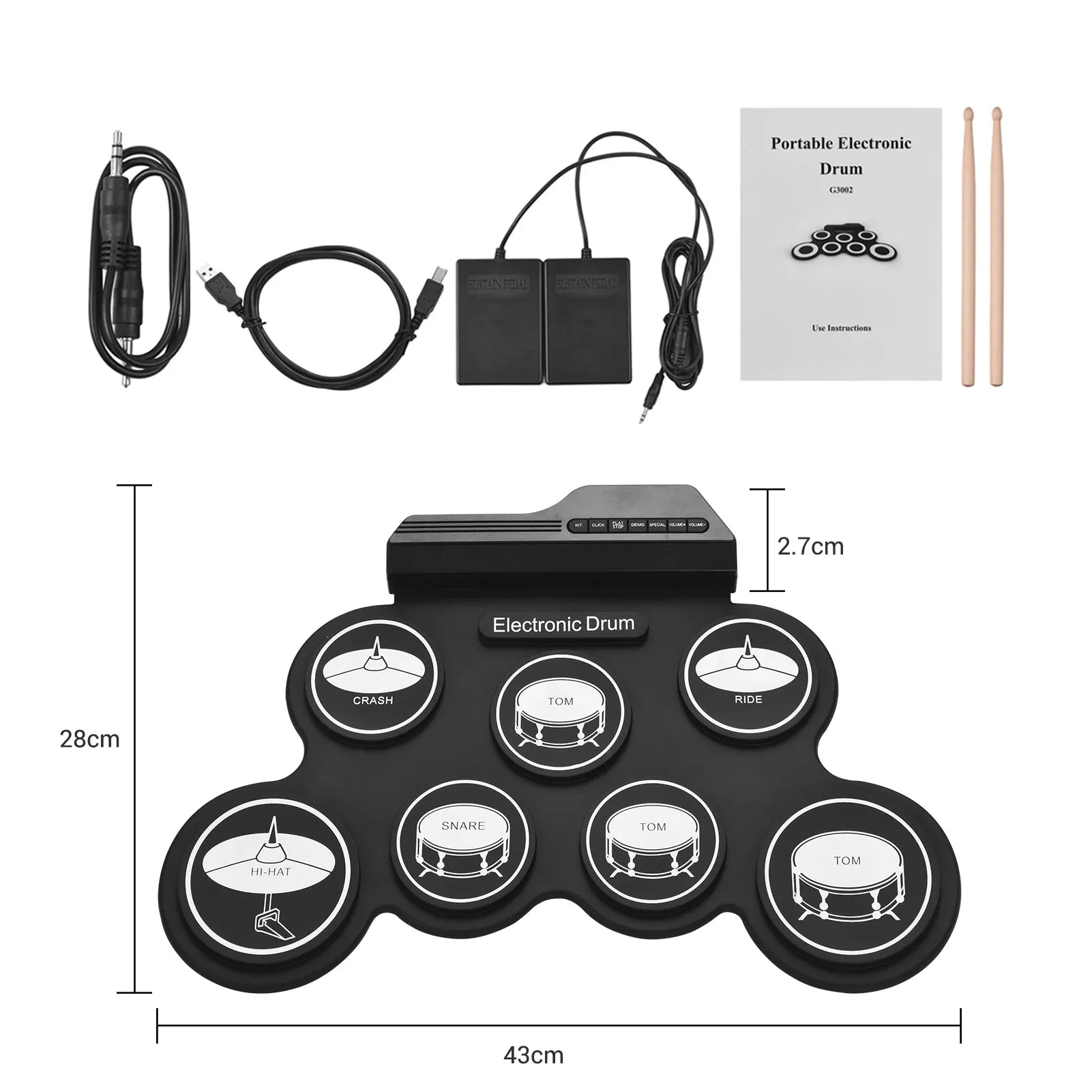 Compact Size USB Roll-Up Silicon Drum Set Digital Electronic Drum Kit 7 Drum Pads with Drumsticks Foot Pedals for Beginners Kids