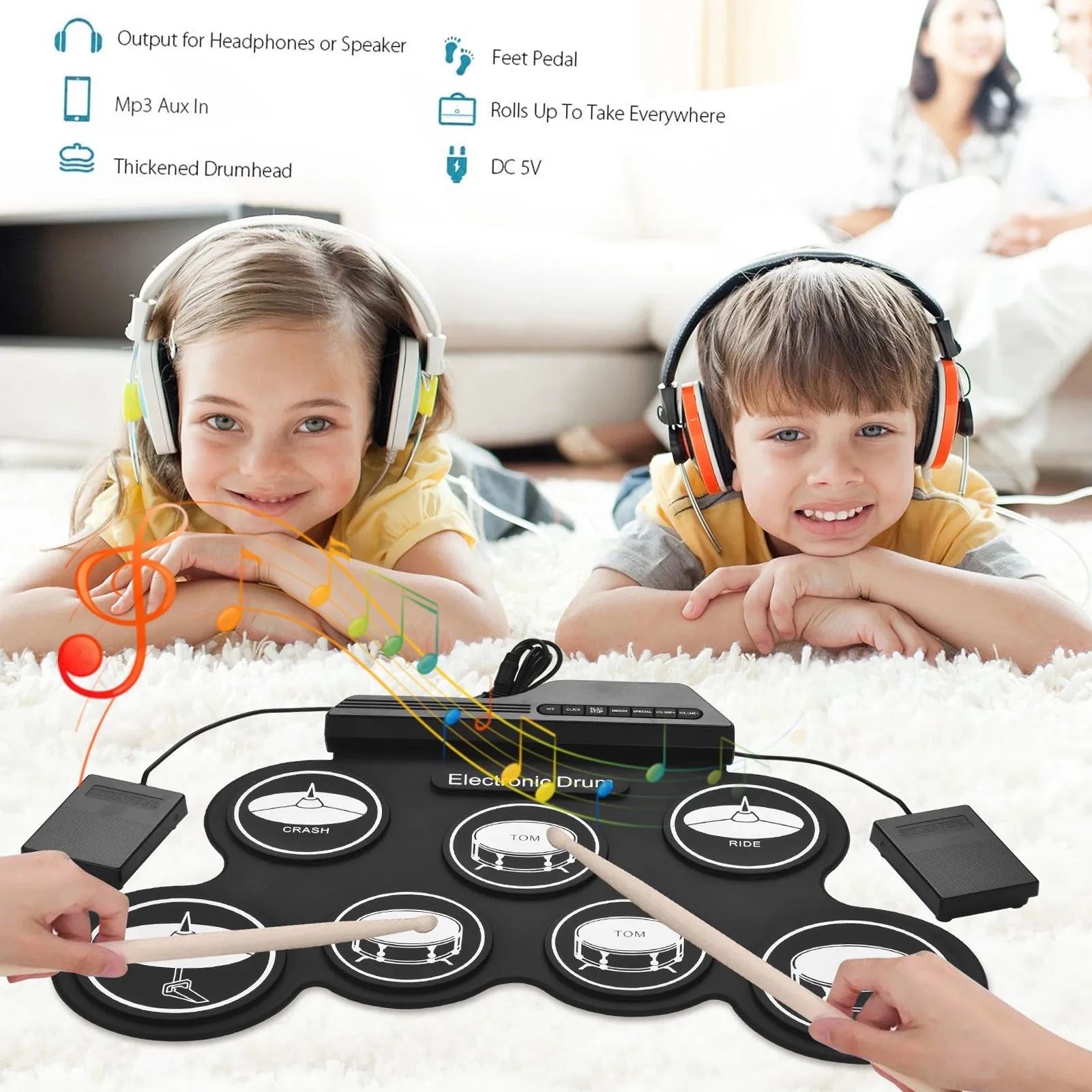 Compact Size USB Roll-Up Silicon Drum Set Digital Electronic Drum Kit 7 Drum Pads with Drumsticks Foot Pedals for Beginners Kids