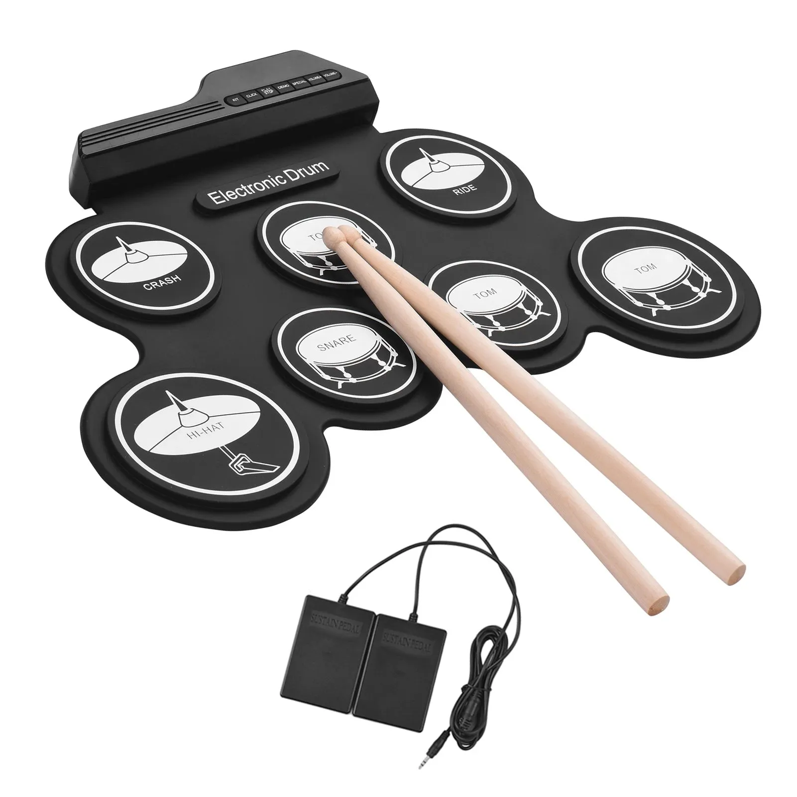 Compact Size USB Roll-Up Silicon Drum Set Digital Electronic Drum Kit 7 Drum Pads with Drumsticks Foot Pedals for Beginners Kids