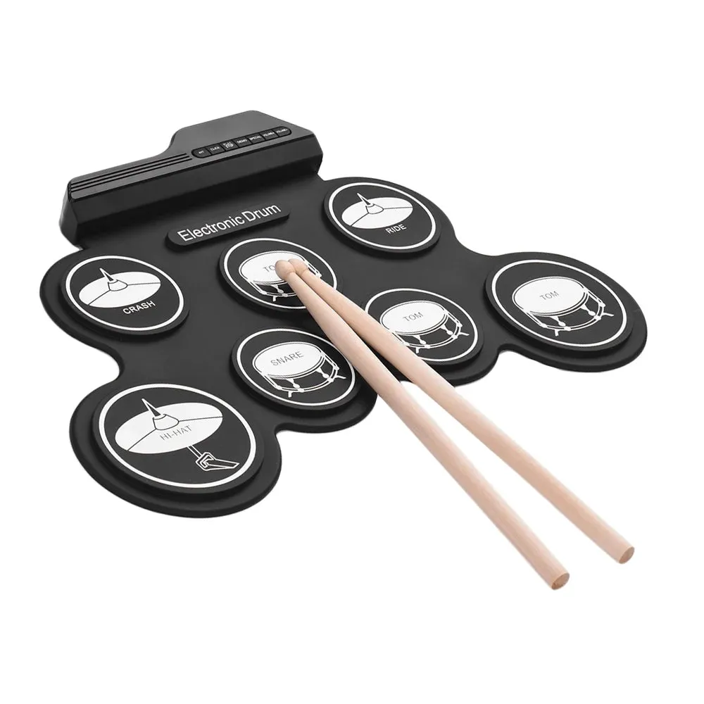 Compact Size USB Roll-Up Silicon Drum Set Digital Electronic Drum Kit 7 Drum Pads with Drumsticks Foot Pedals for Beginners Kids