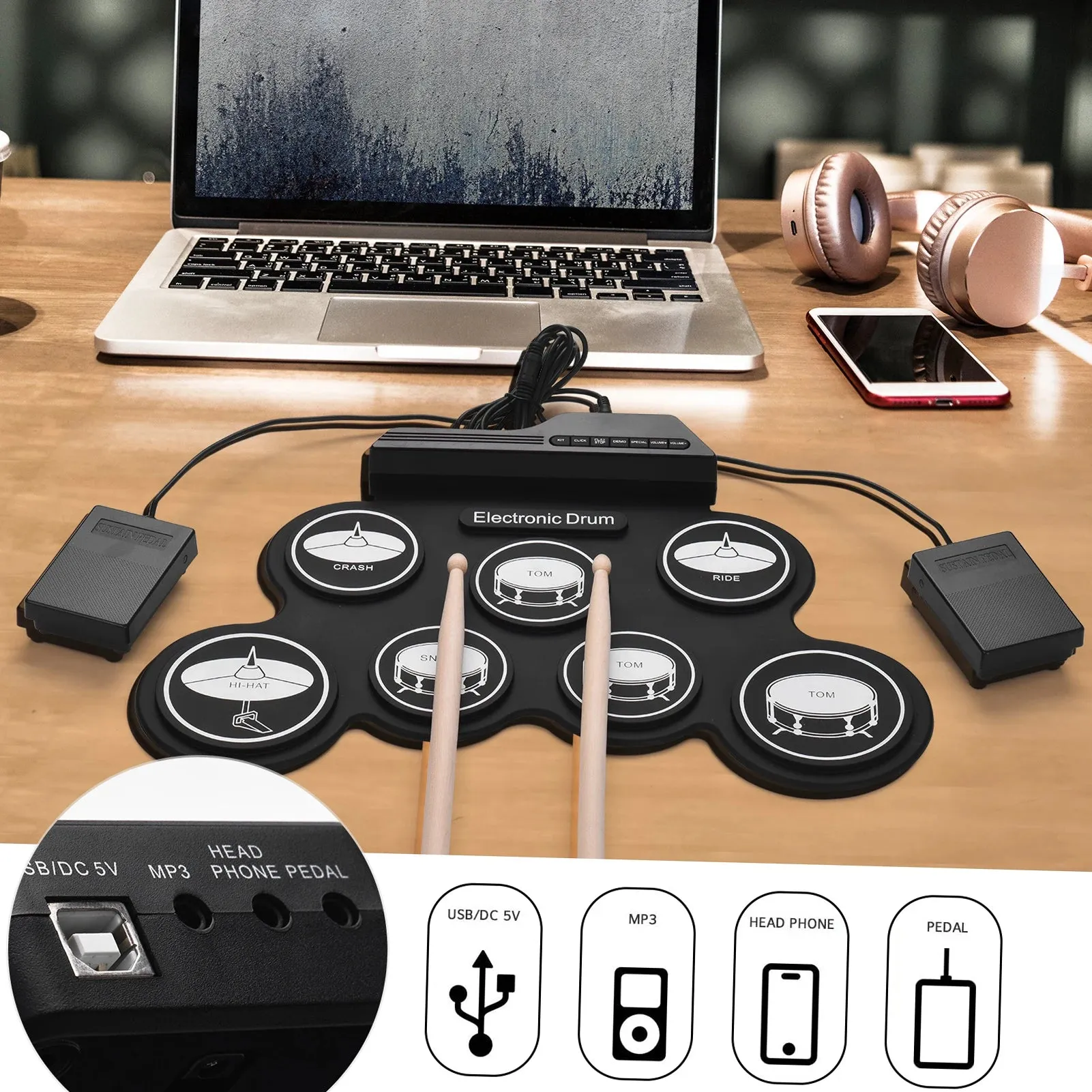 Compact Size USB Roll-Up Silicon Drum Set Digital Electronic Drum Kit 7 Drum Pads with Drumsticks Foot Pedals for Beginners Kids