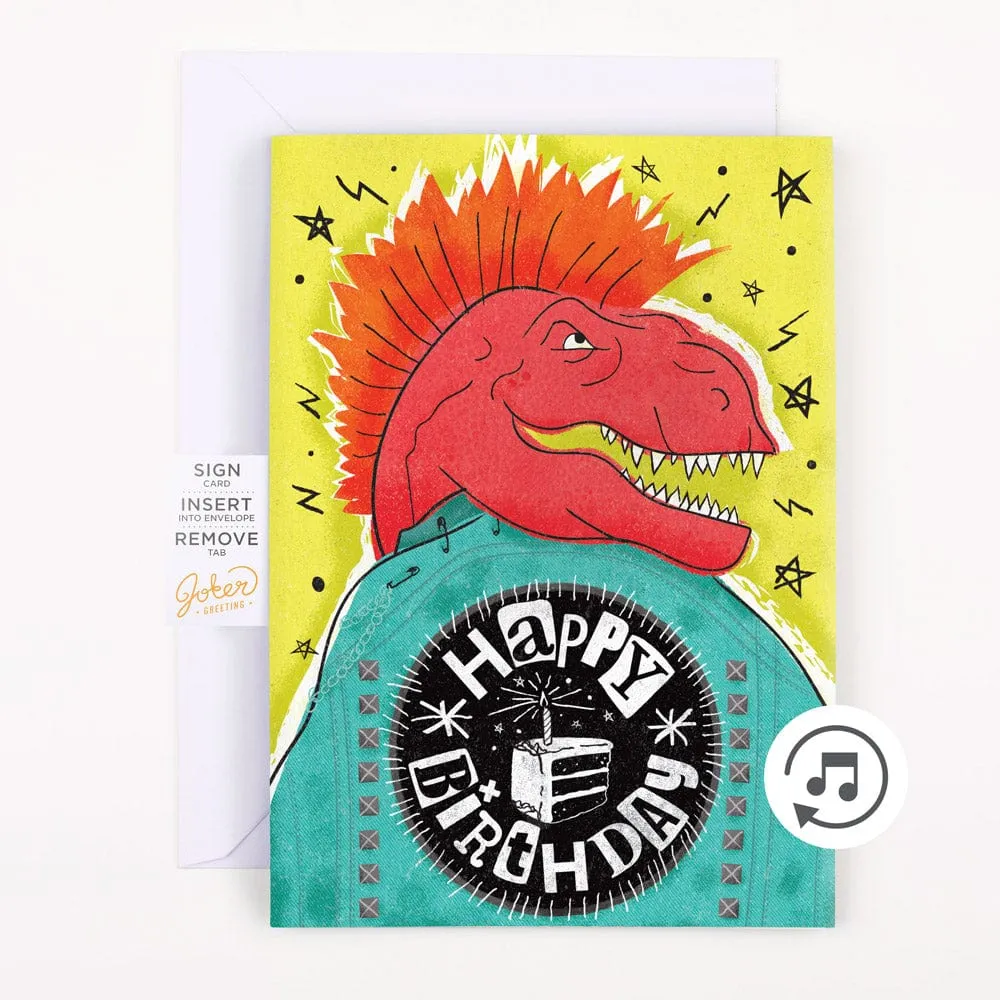 Dino Rock Birthday 🦖🤘🔊 - Joker Greeting Prank Card (Glitter   Sound)