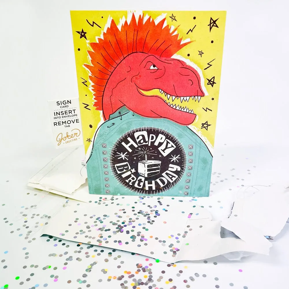 Dino Rock Birthday 🦖🤘🔊 - Joker Greeting Prank Card (Glitter   Sound)