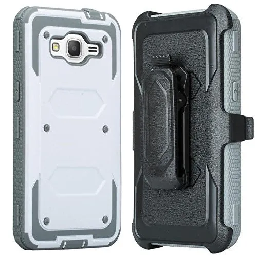 Galaxy On5 Case, 3-in-1 Shockproof Armor [Built in Screen Protector] Heavy Duty Holster Shell Combo Case for Samsung Galaxy On5 - White/Grey