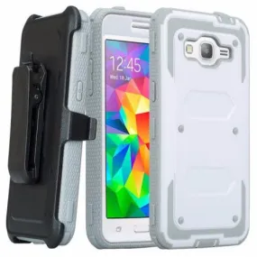Galaxy On5 Case, 3-in-1 Shockproof Armor [Built in Screen Protector] Heavy Duty Holster Shell Combo Case for Samsung Galaxy On5 - White/Grey