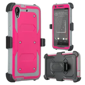 HTC Desire 530 Case, Triple Protection [Built in Screen Protector] Heavy Duty Rotating Swivel Holster Shell Combo Case for Desire 530 - Hot Pink