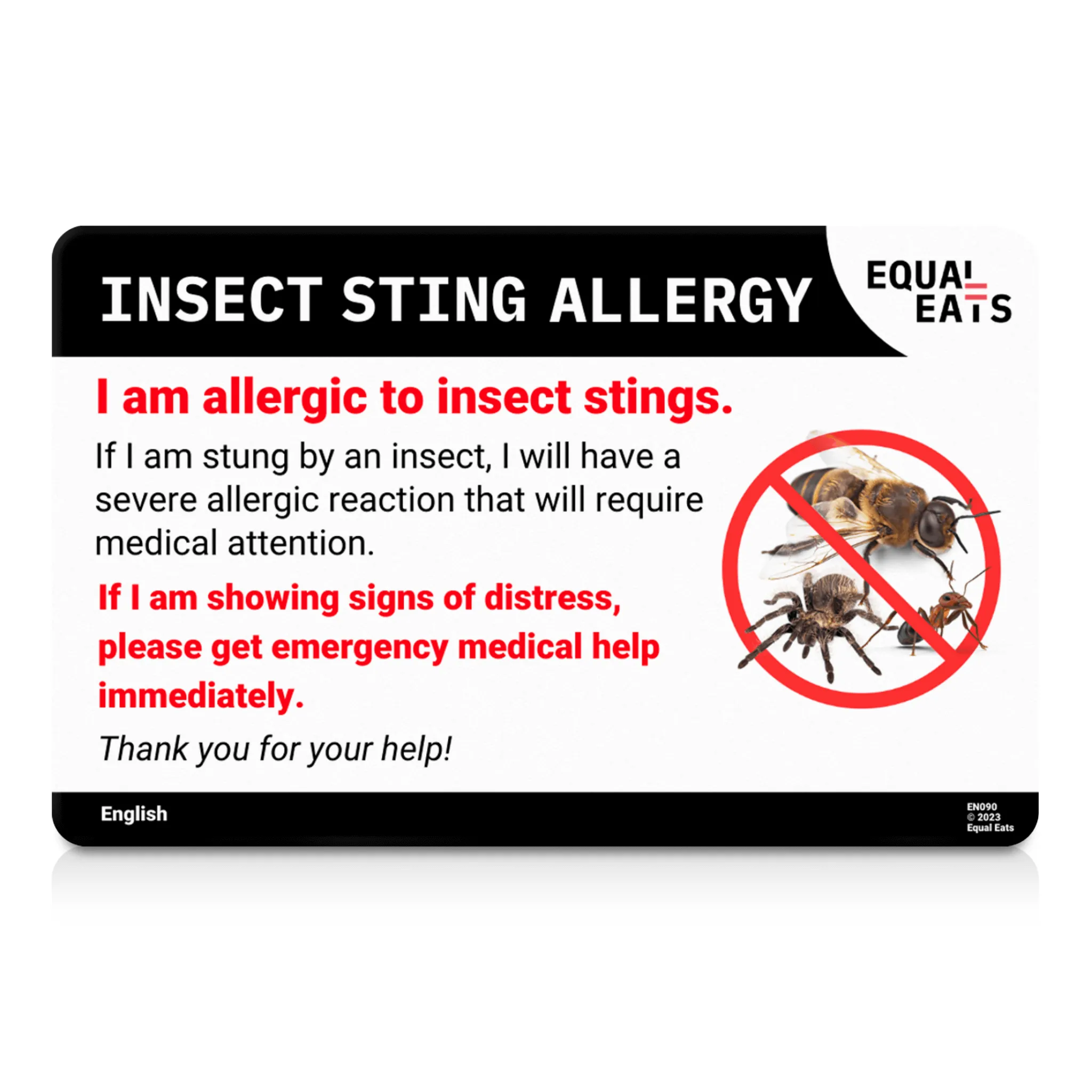 Insect Sting Allergy Card in English (Printable)