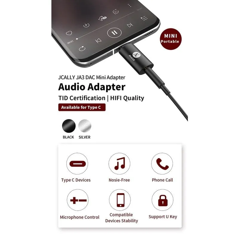 JCALLY JA3 CX31993 Type C To 3.5mm DAC USB C Audio Code Adapter