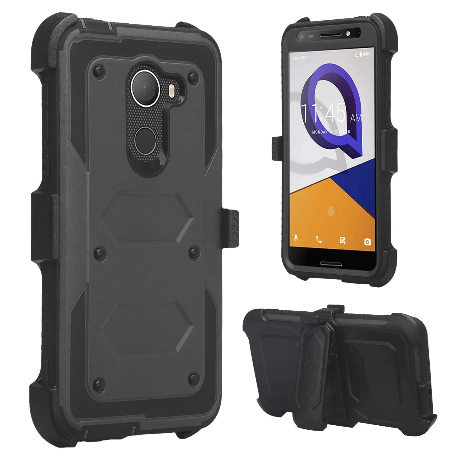 Jitterbug Smart 2, Smart2, A30 Plus, A30 Fierce, Tmobile REVVL, A30 Walters Case, Triple Protection 3-in-1 Heavy Duty Holster Shell Combo Clip Cover - Black