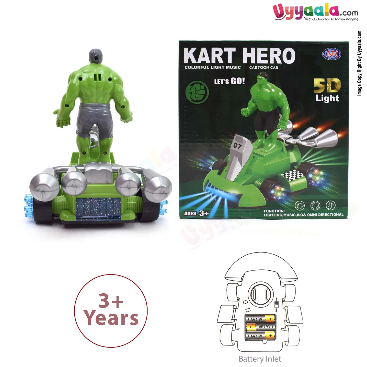 KART HERO Hulk cartoon car, battery operated toy with music & 5D light for kids