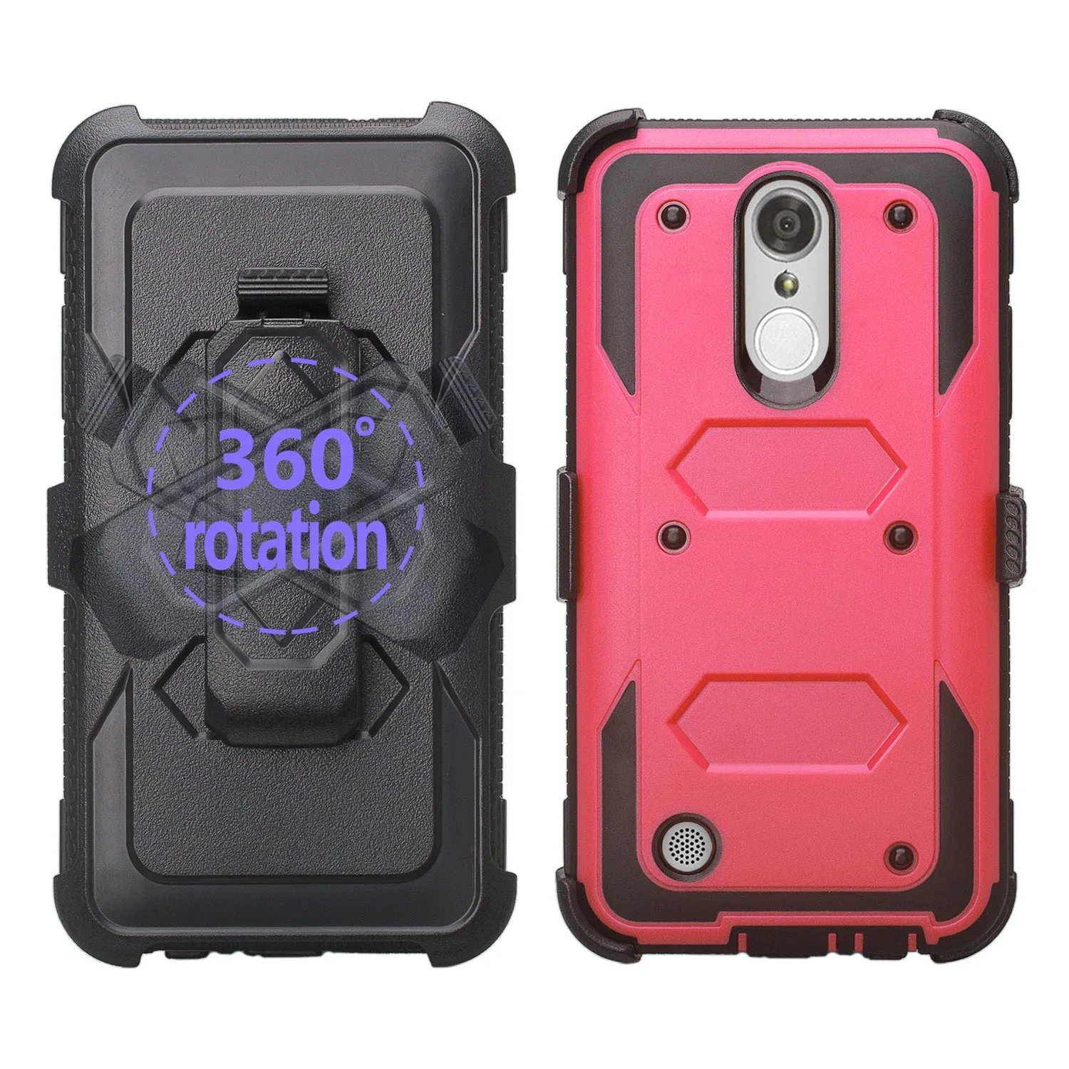 LG Aristo 2 Plus Case, Aristo 2, LG Tribute Dynasty, Rebel 3, Zone 4, Triple Protection 3-1 w/ Built in Screen Protector Heavy Duty Holster Shell Combo Case - Hot Pink/Black
