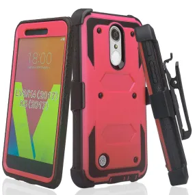 LG Aristo 2 Plus Case, Aristo 2, LG Tribute Dynasty, Rebel 3, Zone 4, Triple Protection 3-1 w/ Built in Screen Protector Heavy Duty Holster Shell Combo Case - Hot Pink/Black