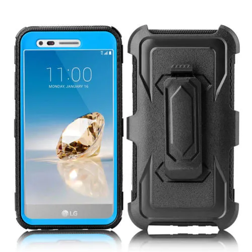 LG Aristo Case, K4 2017, K8 2017, Risio 2, Phoenix 3, Fortune, Triple Protection 3-1 w/ Built in Screen Protector Heavy Duty Holster Shell Combo Case - Blue