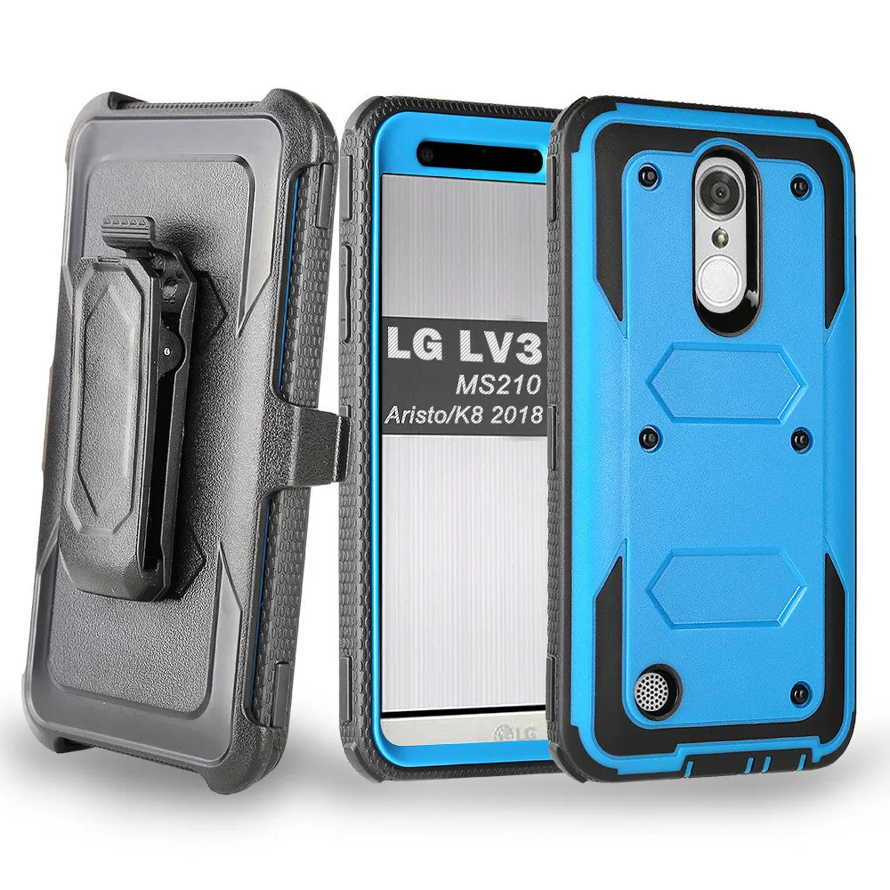 LG Aristo Case, K4 2017, K8 2017, Risio 2, Phoenix 3, Fortune, Triple Protection 3-1 w/ Built in Screen Protector Heavy Duty Holster Shell Combo Case - Blue