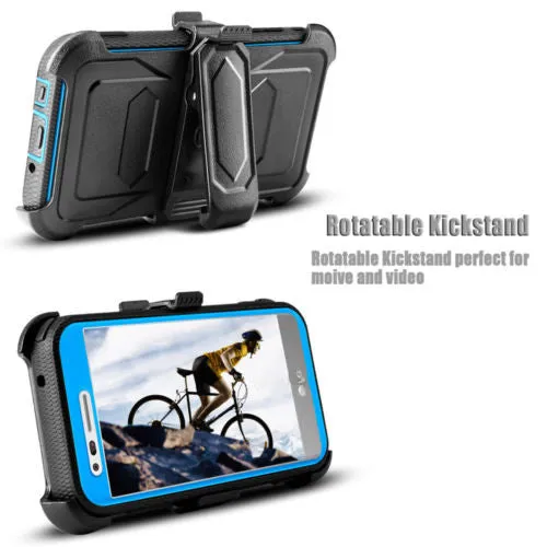 LG Aristo Case, K4 2017, K8 2017, Risio 2, Phoenix 3, Fortune, Triple Protection 3-1 w/ Built in Screen Protector Heavy Duty Holster Shell Combo Case - Blue