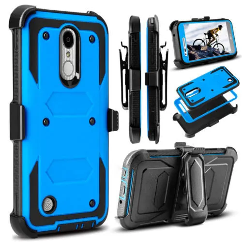 LG Aristo Case, K4 2017, K8 2017, Risio 2, Phoenix 3, Fortune, Triple Protection 3-1 w/ Built in Screen Protector Heavy Duty Holster Shell Combo Case - Blue