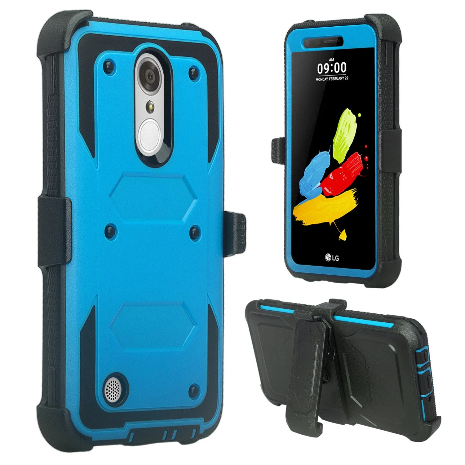 LG Aristo Case, K4 2017, K8 2017, Risio 2, Phoenix 3, Fortune, Triple Protection 3-1 w/ Built in Screen Protector Heavy Duty Holster Shell Combo Case - Blue