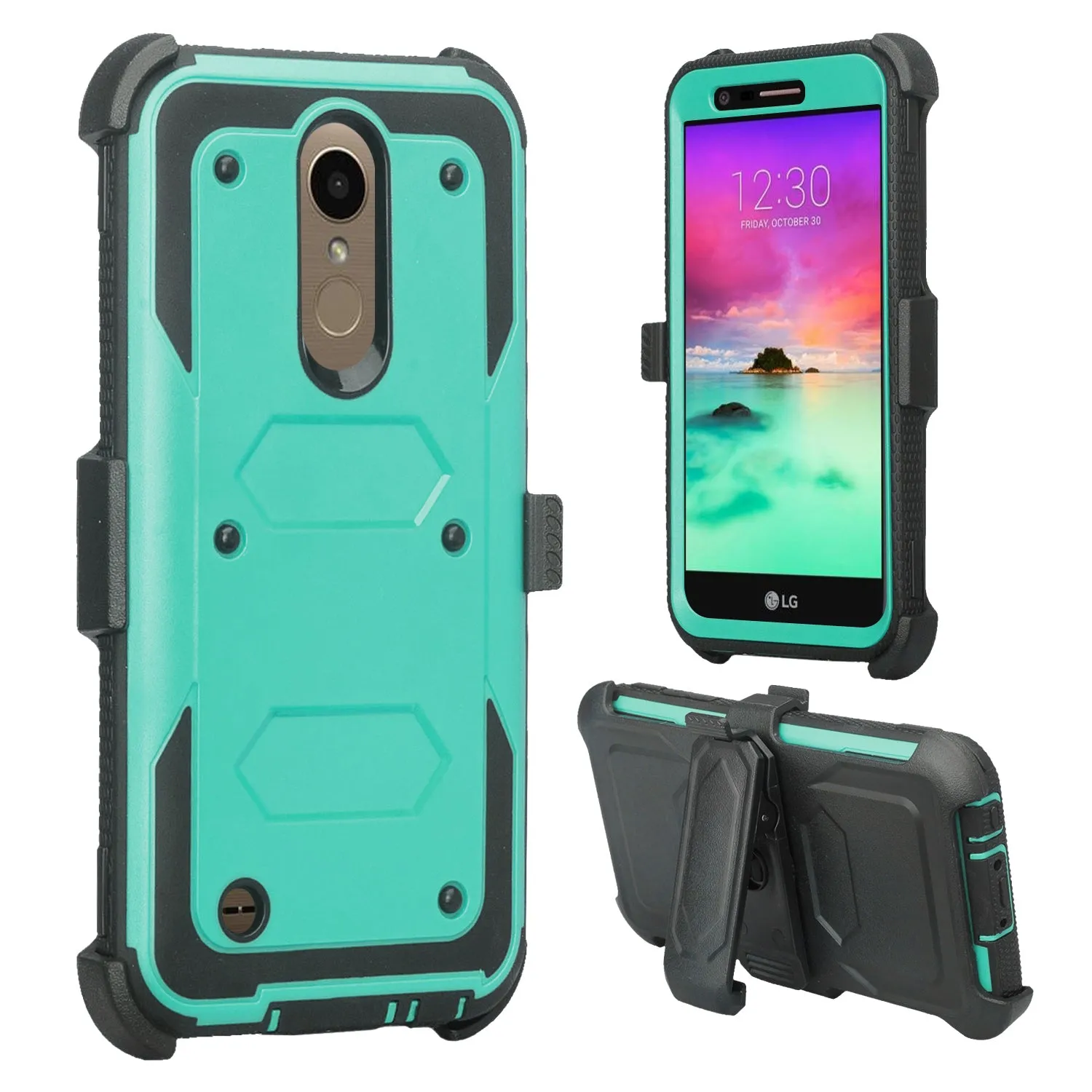 LG K10 (2018) Case, K30, Premier Pro, K10 Plus, Phoenix Plus, Xpression Plus, K10α, X4 Plus, X410, MS245, Triple Protection 3-1 w/ Built in Screen Protector Heavy Duty Holster Shell Combo Case - Teal