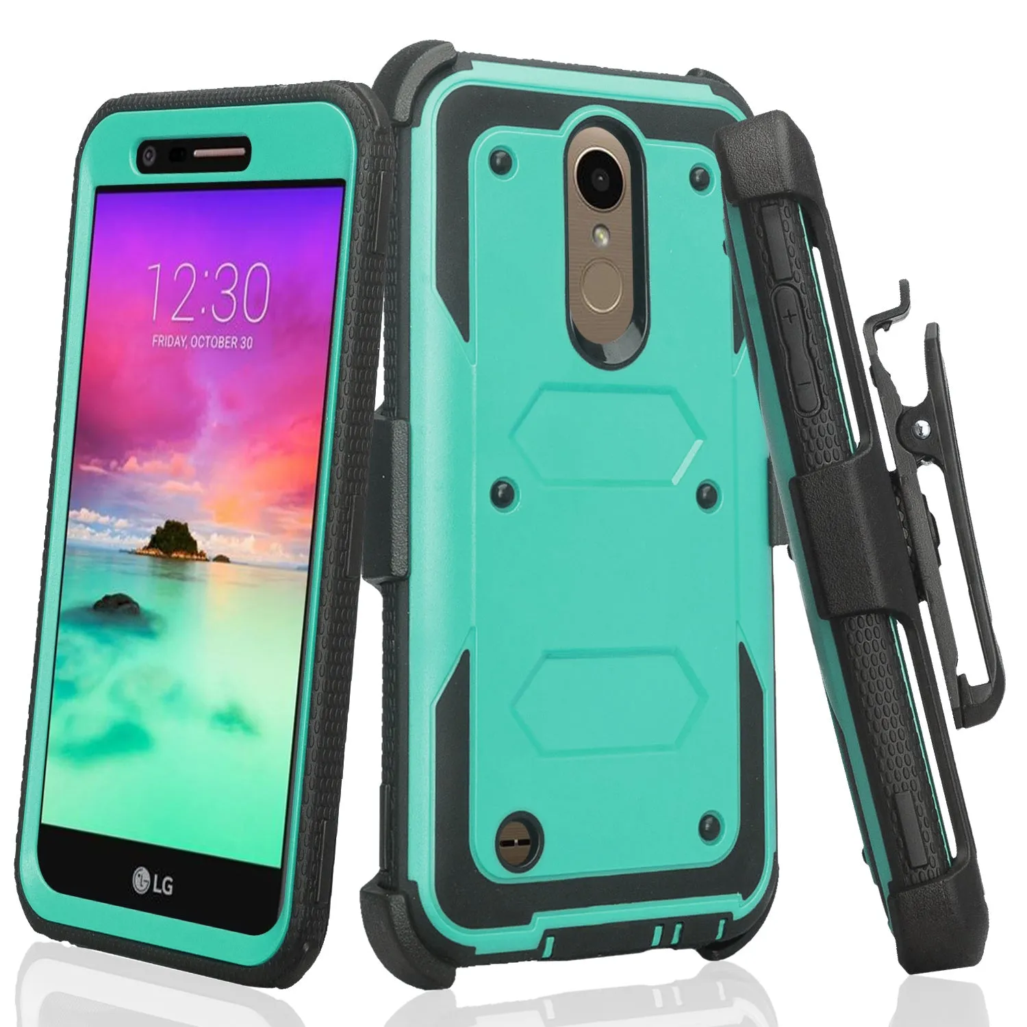 LG K10 (2018) Case, K30, Premier Pro, K10 Plus, Phoenix Plus, Xpression Plus, K10α, X4 Plus, X410, MS245, Triple Protection 3-1 w/ Built in Screen Protector Heavy Duty Holster Shell Combo Case - Teal