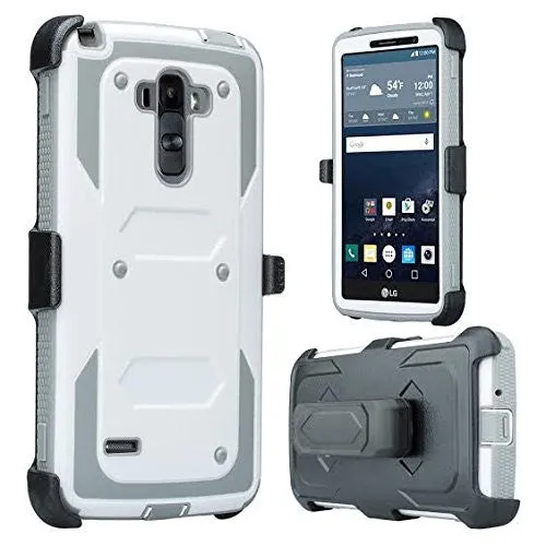LG K7 | Tribute 5 | Treasure Case, Triple Protection 3-1 w/ Built in Screen Protector Heavy Duty Holster Shell Combo Case - White