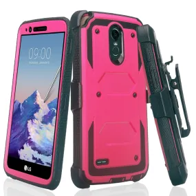 LG Stylo 3 Case, LG Stylo 3 Plus Case, Triple Protection 3-1 w/ Built in Screen Protector Heavy Duty Holster Shell Combo Case for LG Stylo 3 - Hot Pink